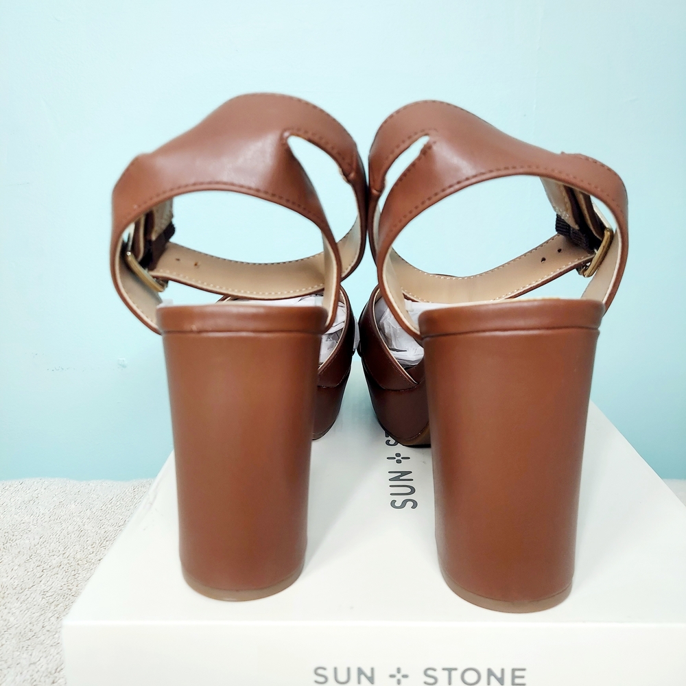 Sun + Stone Tan Brown Leather Platform Heel Sandals - Picture 8 of 13